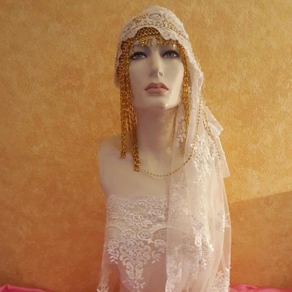 Gatsby Ivory & Gold Beaded Lace Crystal Headpiece